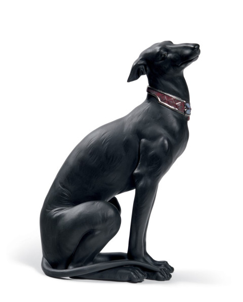 Attentive Greyhound Dog Figurine. Black Lladró Porcelain 01008605