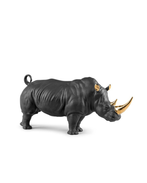 Rhino (black-gold) Sculpture. Limited Edition Lladró Porcelain 01009595